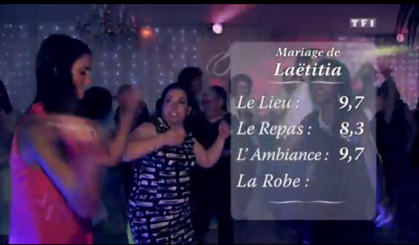 4 mariages le snotes de Laetitia La blonde : 9,7 pour le lieu 8,3 pour le repas et 9,7 pour l'ambiance
