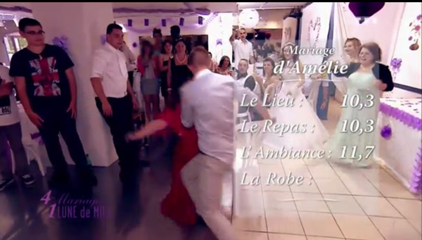 Les notes d'Amélie dans 4 mariages : 10,3 pour le lieu et le repas + 11,7 pour l'ambiance