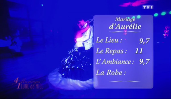 Les notes d'Aurélie dans 4 mariages pour 1 lune de miel : 9,7 pour le lieu, 11 pour le repas et 9,7 pour l'ambiance.