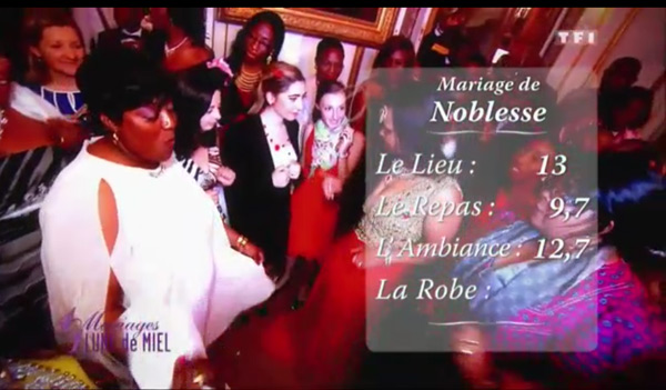 Les notes de Noblesse dans 4 mariages de TF1 : 13 pour le lieu, 9,7 pour le repas et 12,7 pour l'ambiance