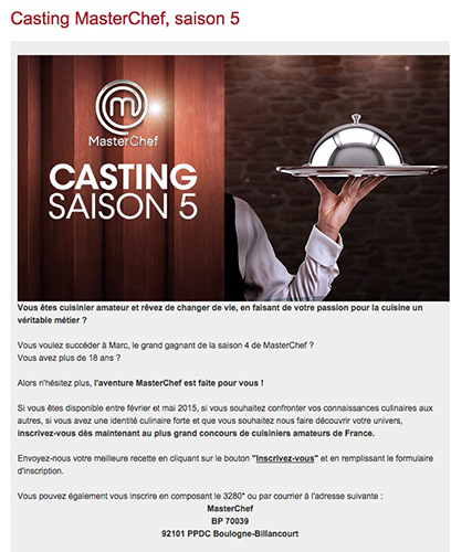 Casting Masterchef saison 5 de TF1 les inscriptions ouvertes/ Capture écran