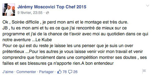 Message facebook de Jérémy de Top Chef 2015 sur M6