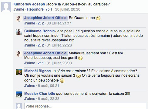 Annulation Sous le soleil de St Tropez TMC : la saison 3 de 2015 annulée / Capture écran facebook Joséphine Jobert (Roxanne)