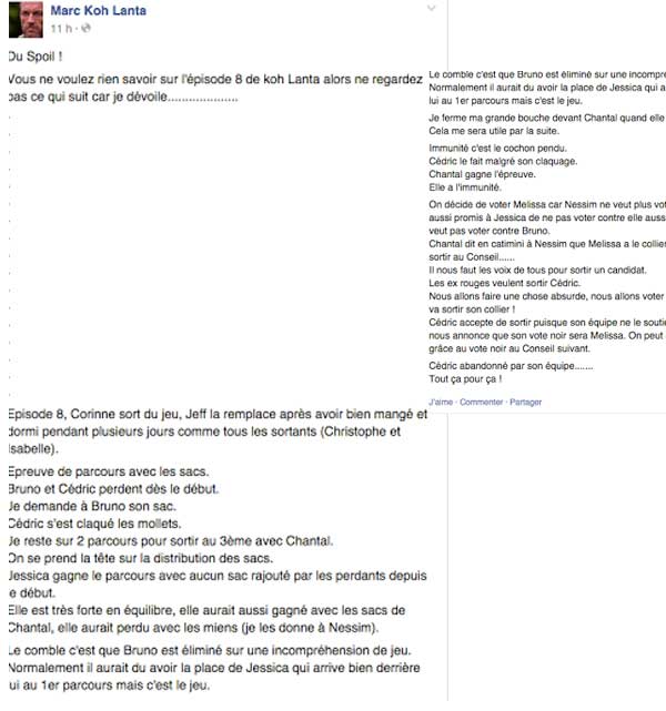 Les spoilers de l'épisode 8 de Koh Lanta 2015 / extrait du post de Marc facebook