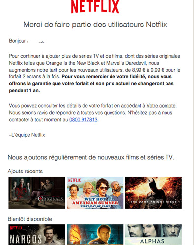 Augmentation Netflix France dès le mois d'aout 2015 : le mail d'information 