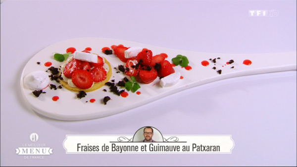 Recette du dessert de Lionel Elissalde : Fraises de Bayonne et Guimauve au Patxaran