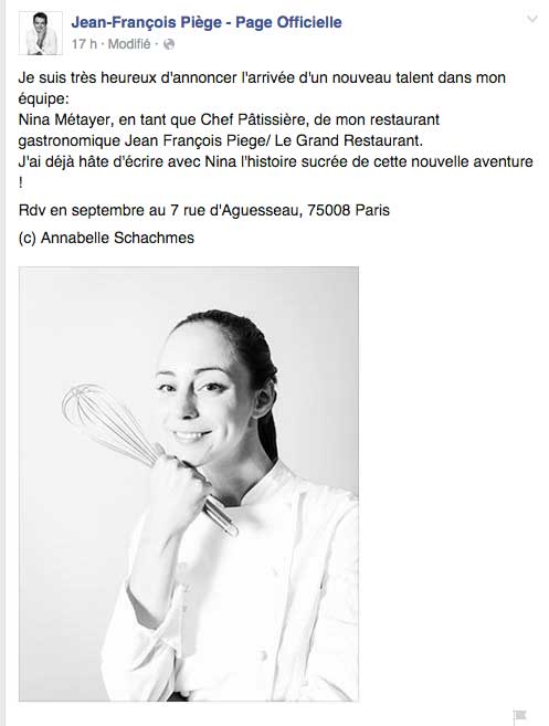 Nina du Grand Pâtissier va travailler avec Jean François Piège 