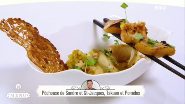 Recette poisson de Laurent Peugeot : Pôchouse de Sandre et St Jacques, Takuan et Pomélos 