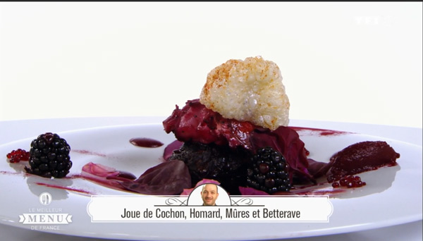 Recette Hervé Rodriguez (entrée) : Joue de cochon, homard, mûres et betteraves 