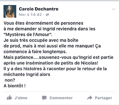 Message Facebook du retour d'Ingrid dans les mystères de l'amour saison 11