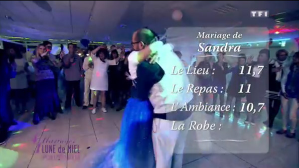 Les notes de Sandra dans 4 mariages pour 1 lune de miel le 28/09 avec 11,7 pour le lieu, 11 pour le repas et 10,7 pour l'ambiance