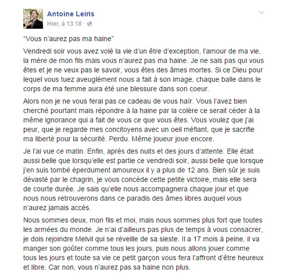 La lettre d'Antoine Leiris du Bataclan en hommage à Hélène morte dans les Attentats / Capture écran facebook