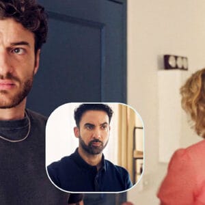 Samuel bouleversé dans son appartement pendant que Jennifer part ; Gabriel en médaillon, médecin et cousin de Samuel.