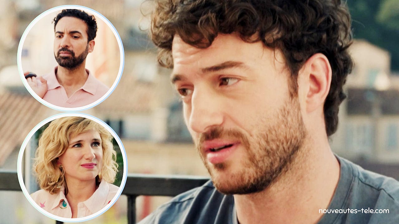 Samuel en gros plan, entouré en médaillons de Gabriel, son cousin, et Jennifer, sa compagne, dans une scène de Plus belle la vie.