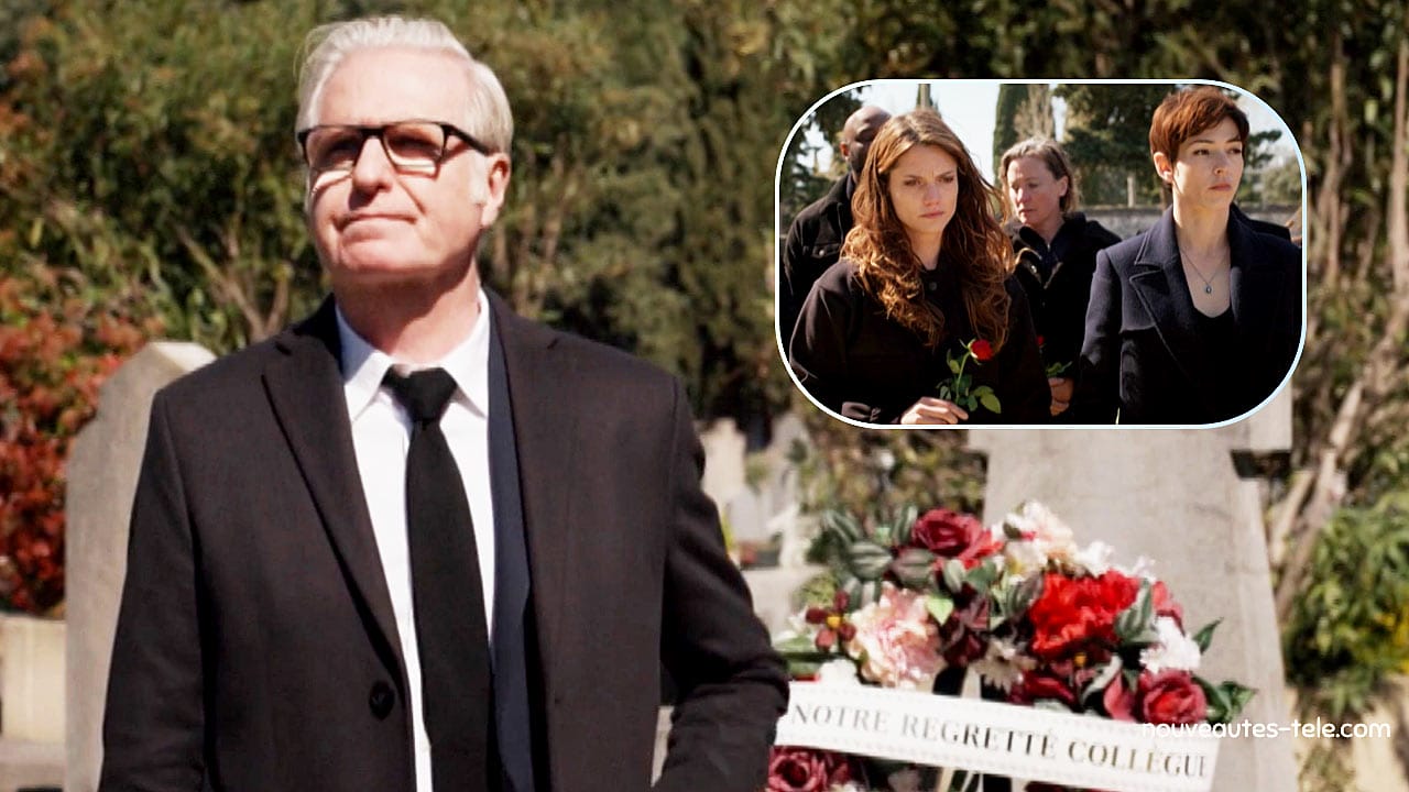 Becker en costume noir devant une tombe, Thaïs et Élise en deuil avec des roses rouges à l'enterrement de Thierry dans Un Si Grand Soleil