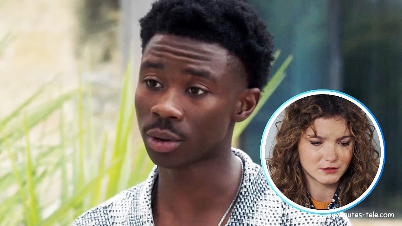 Souleymane (Dembo Camilo) préoccupé, et Kelly (Axelle Dodier) émue en médaillon, dans un moment fort de la série Ici tout commence.