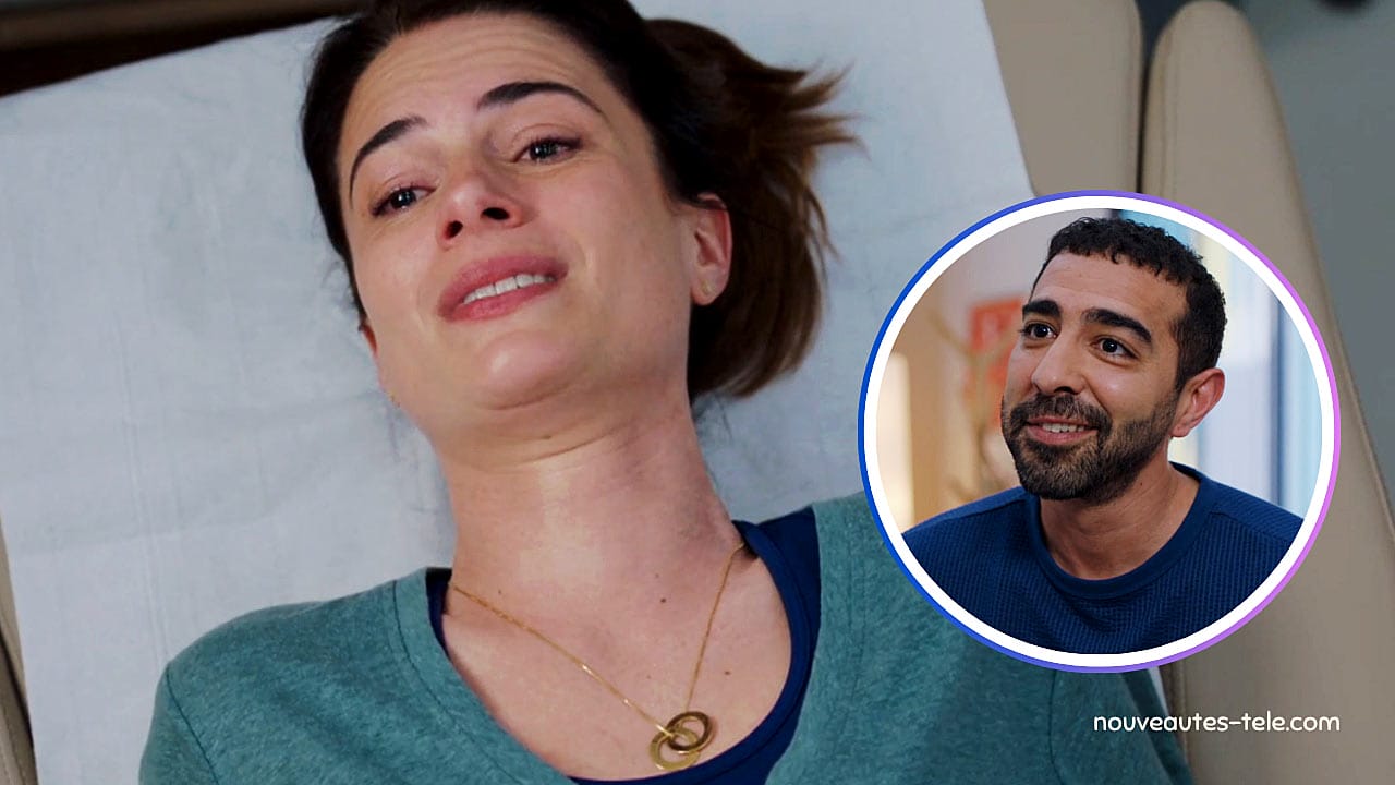 Magalie en larmes sur son lit d’hôpital, épaulée par Tarek dans la série Nouveau jour sur M6
