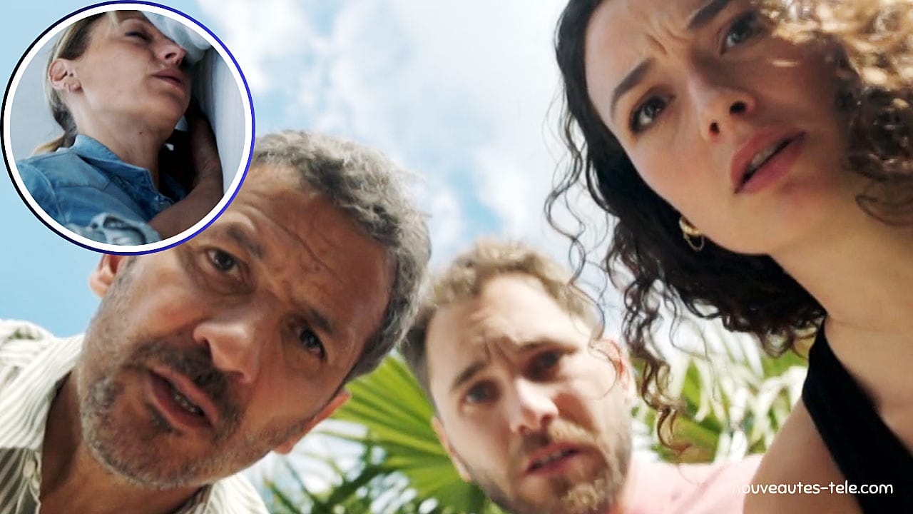William, Nordine et Manon penchés, inquiets, regardent Aurore qui vient de perdre connaissance dans Demain nous appartient.