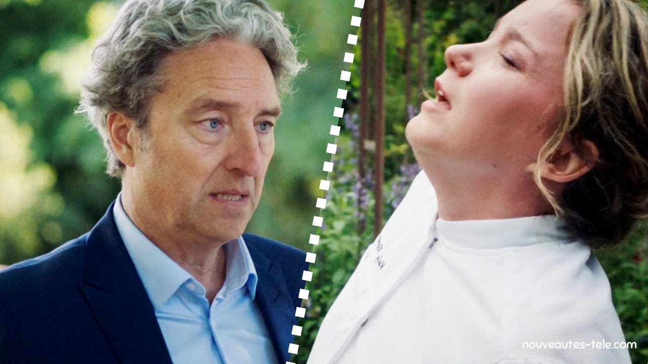 Teyssier inquiet face à sa rechute de sclérose et Kelly en train d’accoucher dans un jardin dans l’épisode 1219 d’Ici tout commence
