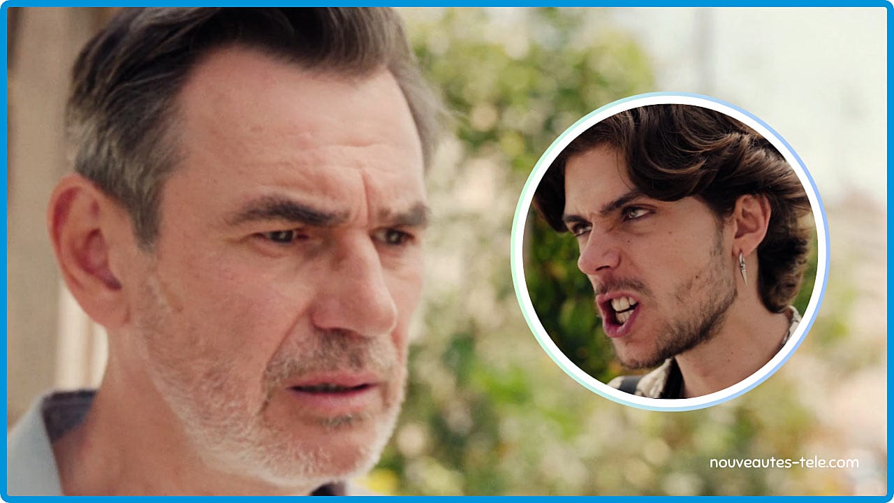 Vadim en colère face à Patrick, choqué, dans Plus belle la vie épisode 386 — scène de confrontation père-fils après la révélation de leur lien de sang.