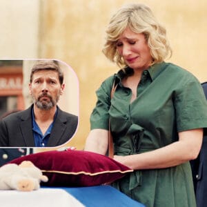 Jennifer en larmes devant le cercueil de Samuel, lors de ses funérailles dans l’épisode 376 de Plus belle la vie, diffusé le 15 juillet 2025