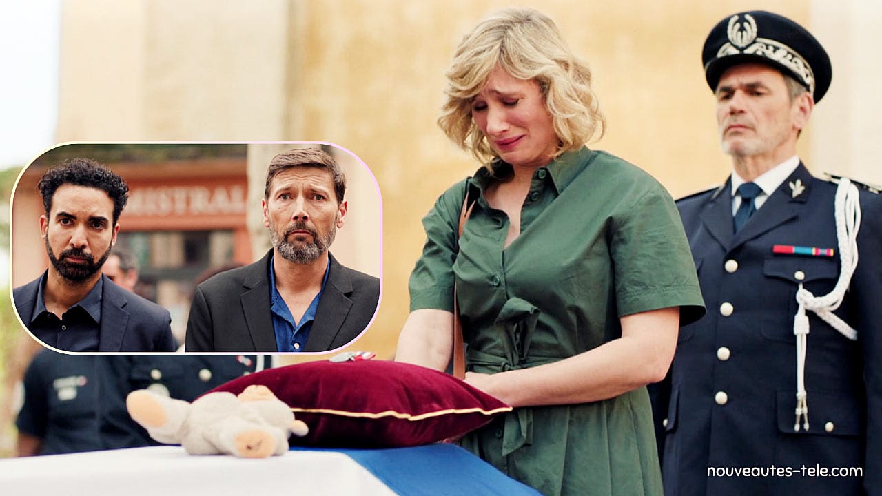 Jennifer en larmes devant le cercueil de Samuel, lors de ses funérailles dans l’épisode 376 de Plus belle la vie, diffusé le 15 juillet 2025