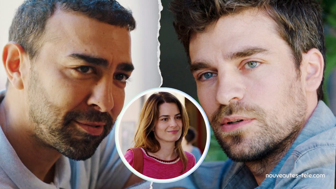 Tarek et Max face à face avec en médaillon Magalie, dans la série Nouveau jour, épisode 6 sur M6.