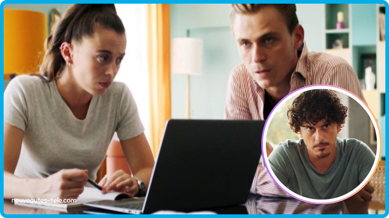 Sara et Bart enquêtent sur l’ordinateur de Laurie tandis que Florent, en médaillon, apparaît comme le principal suspect dans Demain nous appartient